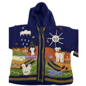 Martin Cone Children's Hooded Cardigan 100% Wool hand made Ecuador animals lambs